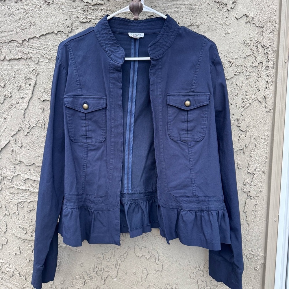 Westport Navy Ruffle Peplum jacket Open Front Stretch size XL - Picture 2 of 15